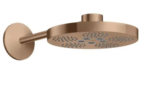 Kopfbrause in brushed red gold mit armartiger Befestigung, entworfen von AXOR, zeigt ein minimalistisches Design und eine runde Form mit verschiedenen Düsenmustern.